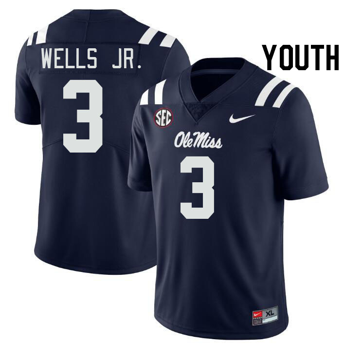 Youth #3 Antwane Wells Jr. Ole Miss Rebels College Football Jerseys Stitched-Navy